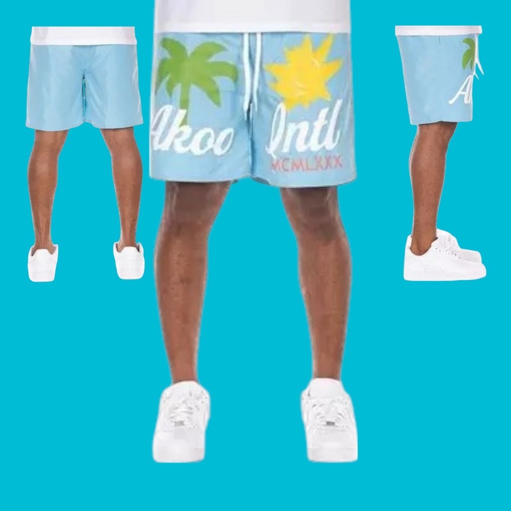 AKOO Men's Voyage Short, Blue Grotto, Large 2XL 8" Inseam Palm‎ Tree Sun Images